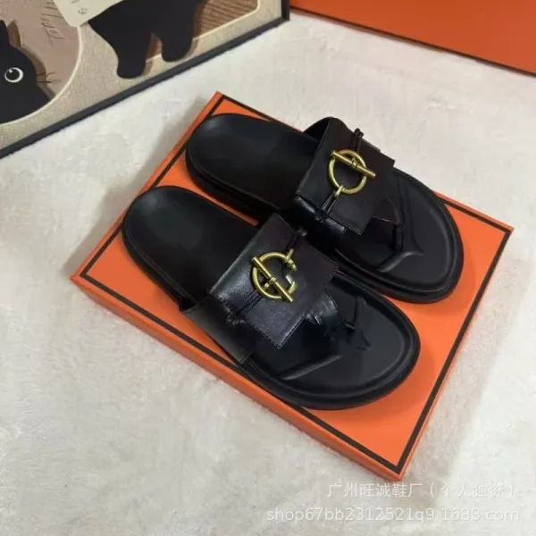 Hermès Oran Slide Sandals Tan and Black Leather Slippers - 6