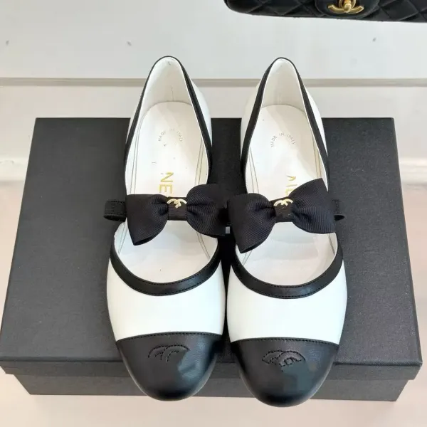 Chanel Ballerina Flats Beige and Black Two-Tone with Chain Bow - 2