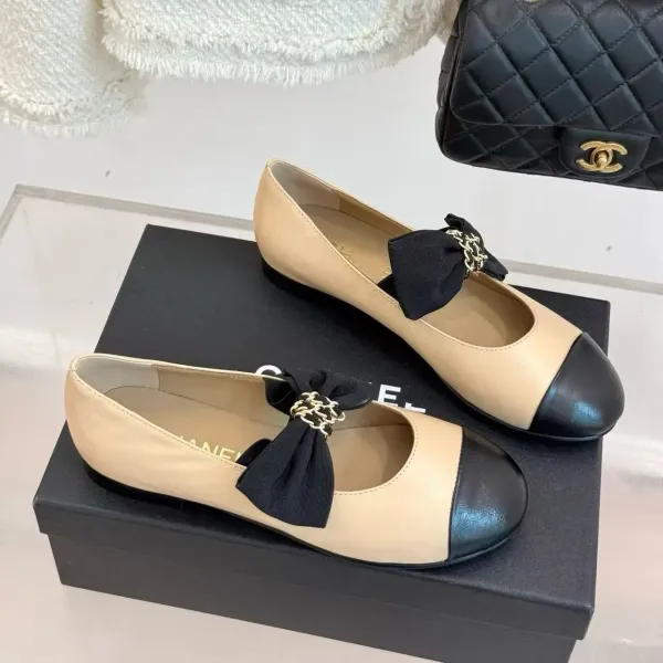 Chanel Ballerina Flats Beige and Black Two-Tone with Chain Bow - 10