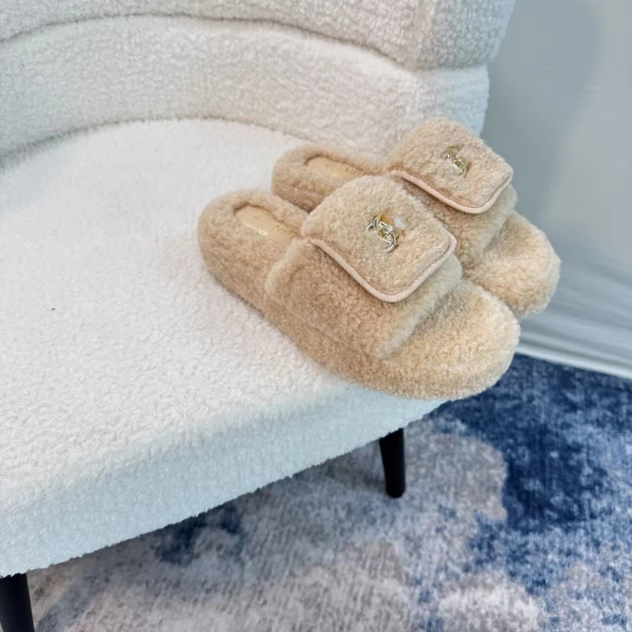UGG Fluff Slide Beige Shearling Slippers - 5