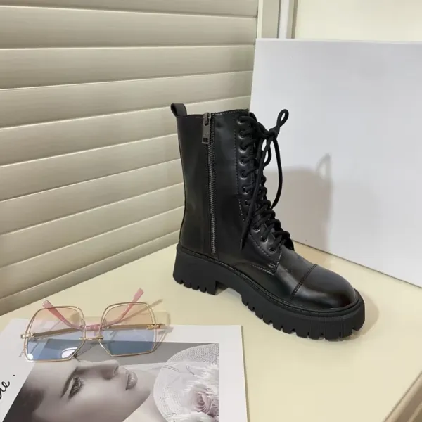 Design Chunky Combat Boots Black Leather Boots - 4
