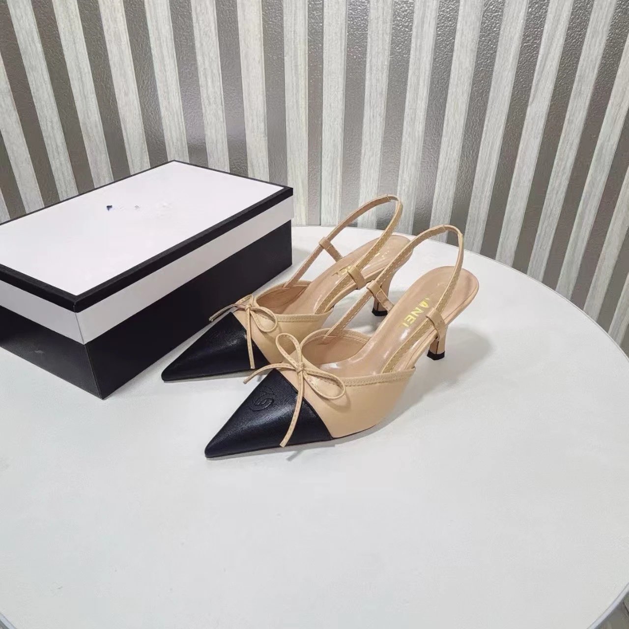 Chanel-inspired Two-Tone Slingback Heels with Bow Detail Beige and Black Heels