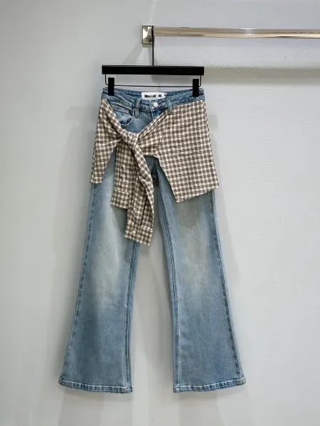 Gallery Dept. Patchwork Flare Jeans with Gingham Shirt Tie Detail Blue Jeans - 3
