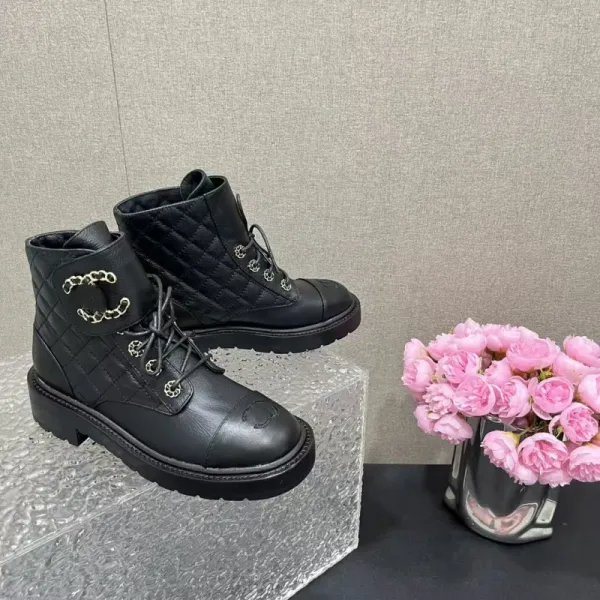 Chanel Combat Boots Black Quilted Leather Ankle Boots - 15