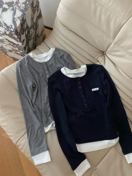 Off-White Henley Top Navy with White Layering Detail - 3