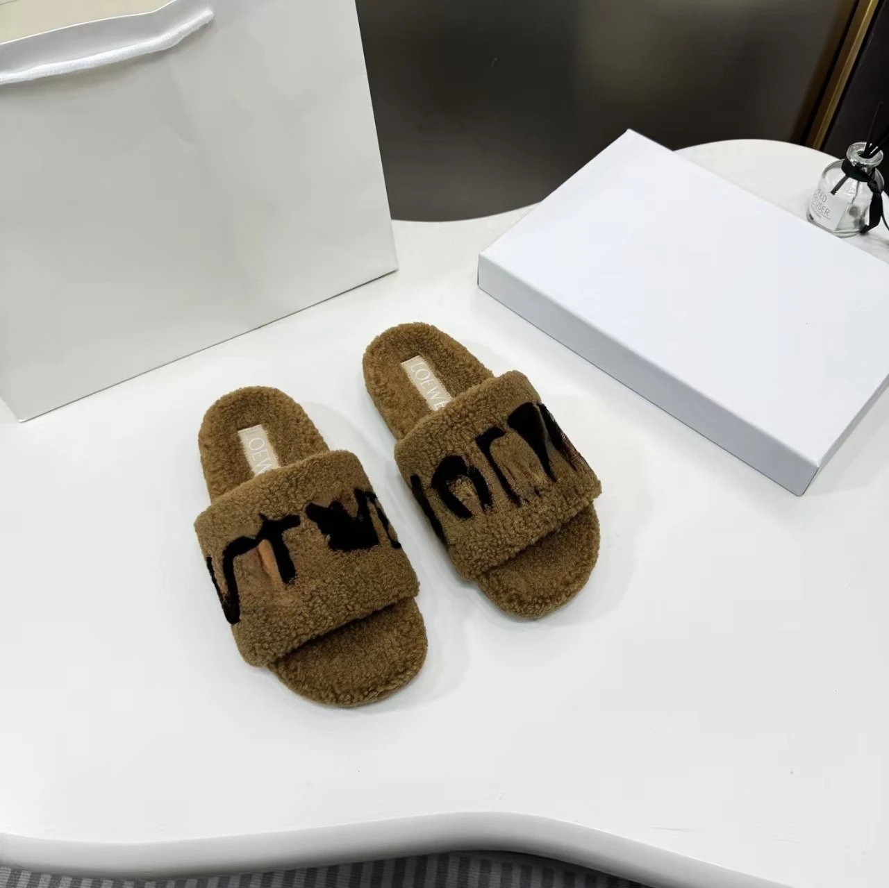 Loewe Puzzle Shearling Slide Slippers Brown
