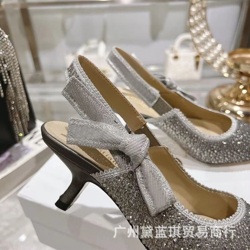 Design Crystal-Embellished Pointed-Toe Slingback Heels Silver Gray - 5