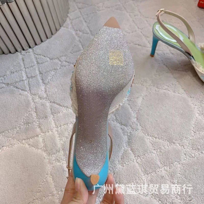 White Lace-Embellished Stiletto Mules Heels - 6