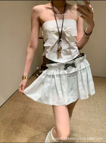 White Ruffled Bow Strapless Crop Top and Tiered Pleated Skirt Set - 4
