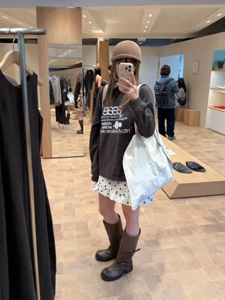 GRA Graphic Print Long-Sleeve Top in Charcoal with Polka Dot Skirt and Brown Combat Boots - 32