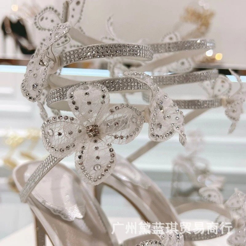 Clear Strap Floral Embellished Stiletto Heels Pink Transparent Sandals - 6