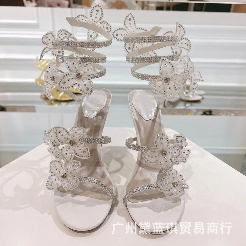 Clear Strap Floral Embellished Stiletto Heels Pink Transparent Sandals - 7