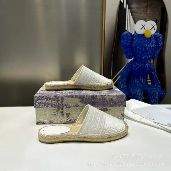 Design Embroidered Espadrille Slippers White Beige - 15