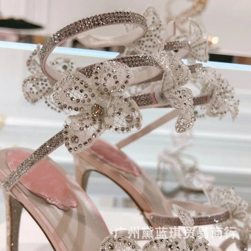 Clear Strap Floral Embellished Stiletto Heels Pink Transparent Sandals - 11