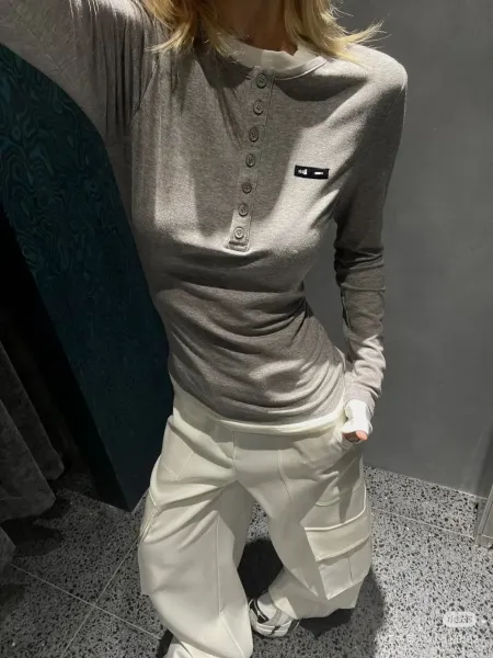 Off-White Henley Top Navy with White Layering Detail - 8