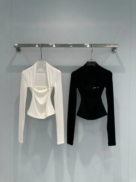 LE A - Black Draped Neck Long Sleeve Crop Top - 5