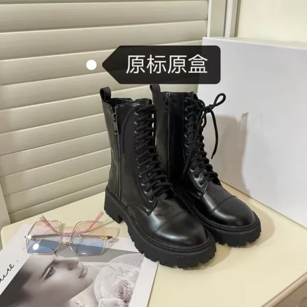 Design Chunky Combat Boots Black Leather Boots - 3