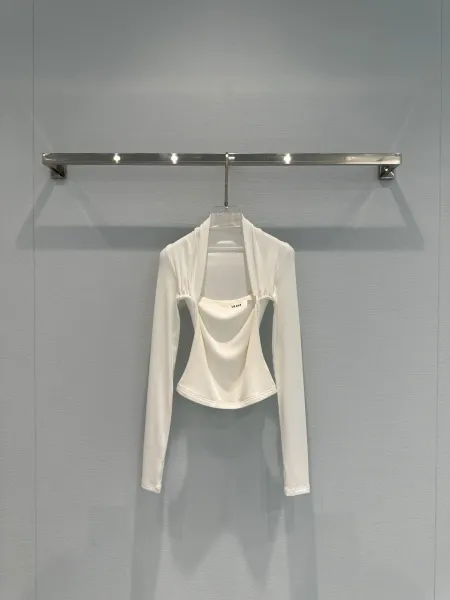 LE A - Black Draped Neck Long Sleeve Crop Top - 6