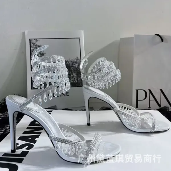 Crystal-Embellished Silver Stiletto Heels - 5