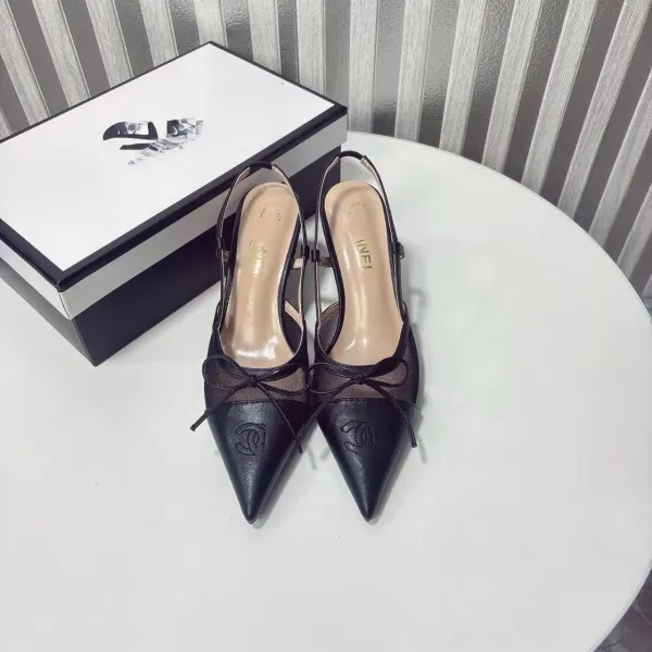 Chanel-inspired Two-Tone Slingback Heels with Bow Detail White/Black Heels - 4