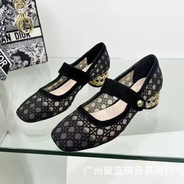 Dior J'Adior Mary Jane Lace Black Gold Block Heel Shoes - 3