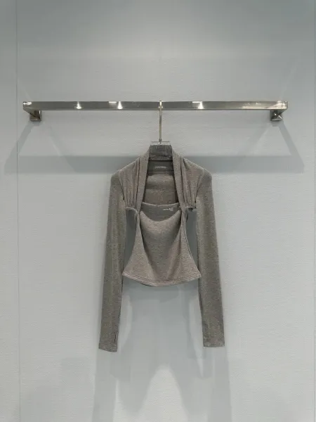 LE A - Black Draped Neck Long Sleeve Crop Top - 7