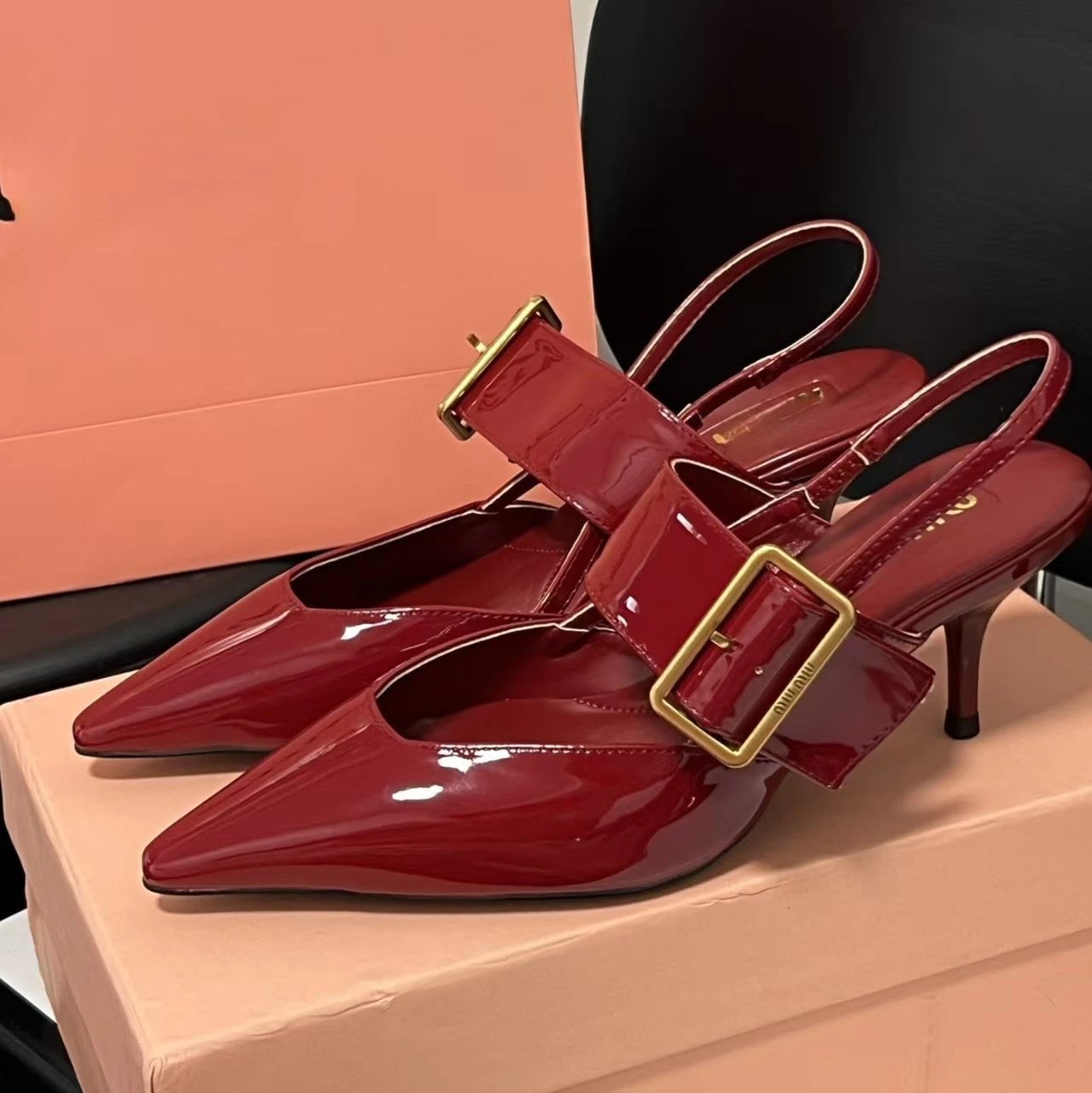 Miu Miu Patent Leather Buckle Strap Pointed-Toe Stilettos Burgundy - 8