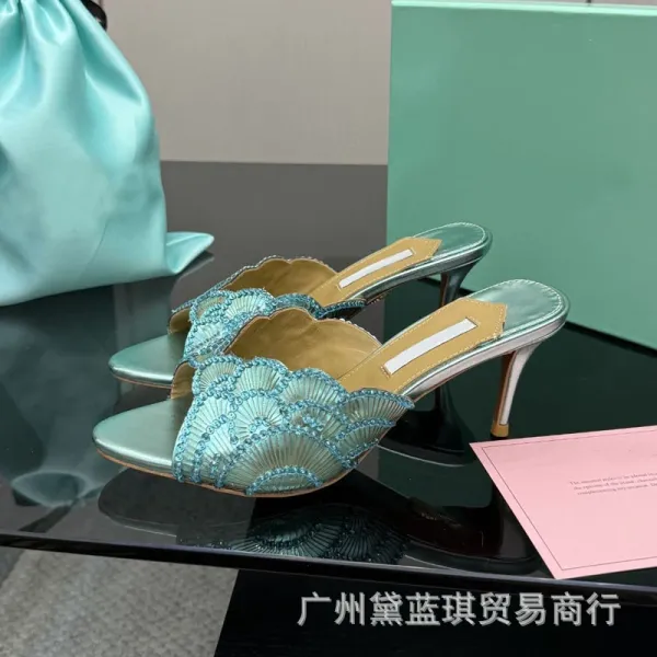 Design Crystal-Embellished Scallop-Toe Mule Heels Silver - 9