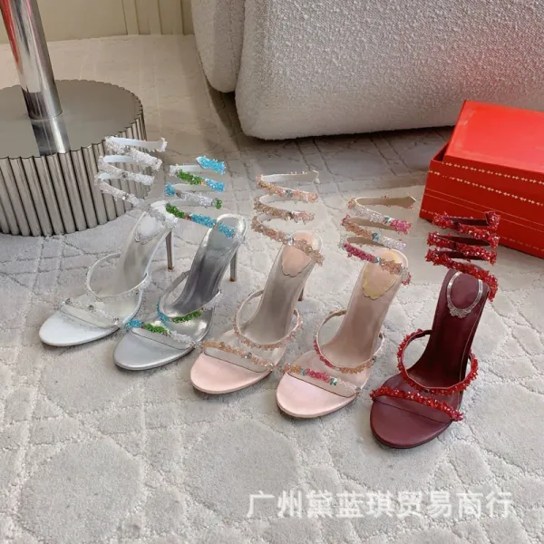 Crystal-Embellished Spiral Strap White Heels - 2