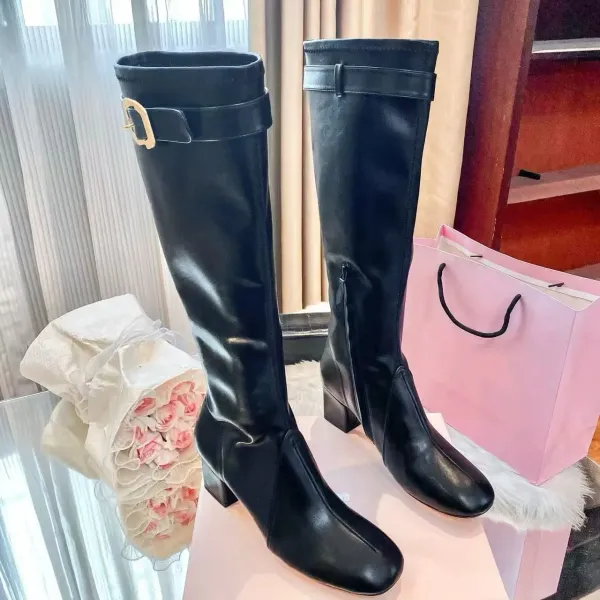 Prada Square-Toe Knee-High Boots Black Leather Boots - 2