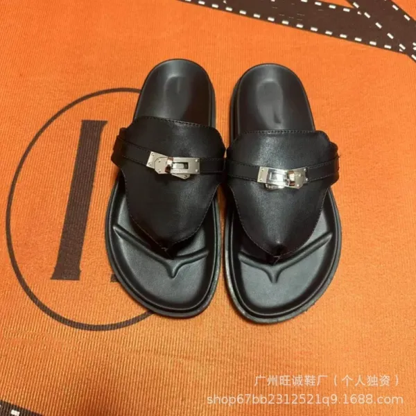 Hermès Oran Slide White and Black Leather Sandals - 8