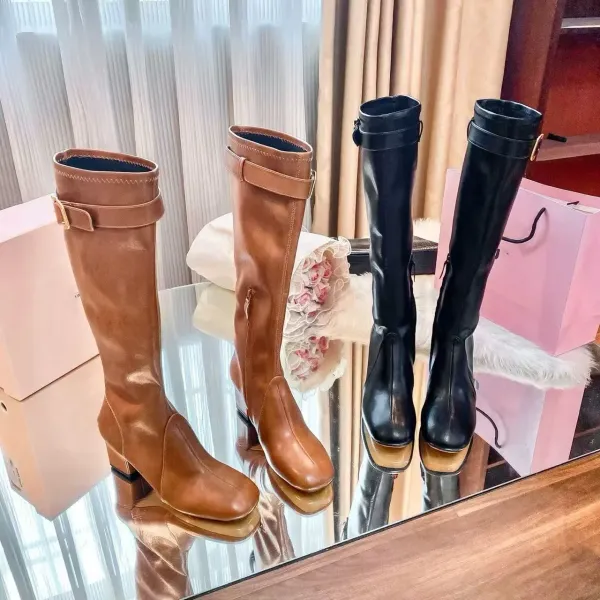 Prada Square-Toe Knee-High Boots Black Leather Boots - 7