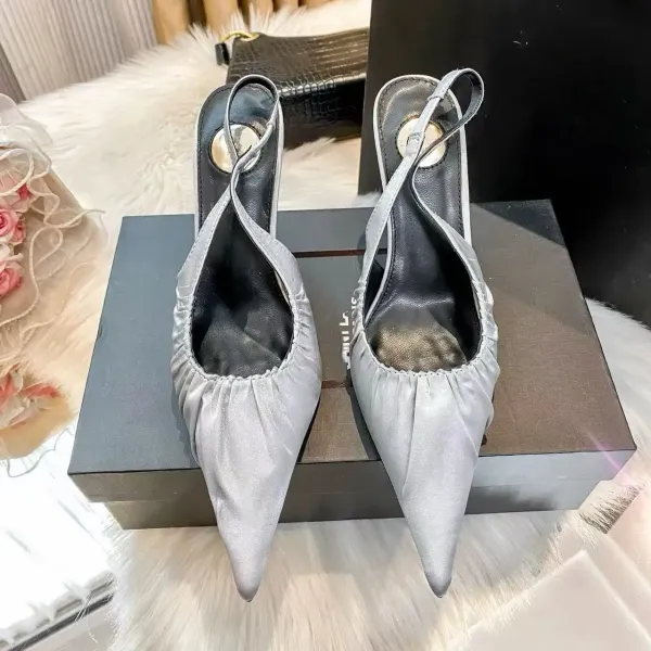 Balenciaga Slingback Pointed-Toe Mules Silver Metallic Heels - 3