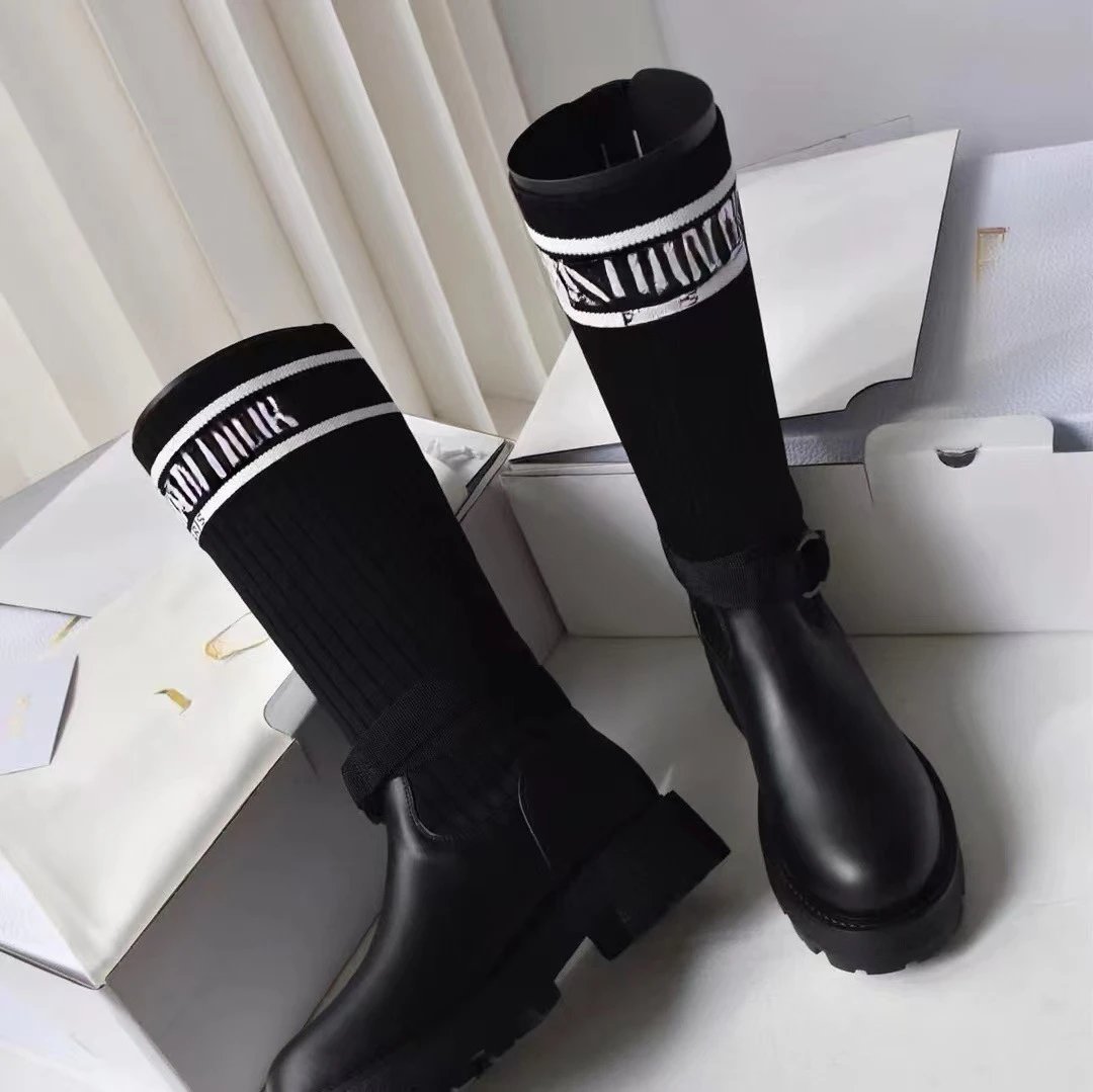 Dior Sock Boots Black Knit-Top Chunky Sole Boots - 7