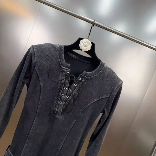 Gallery Dept. Lace-Up Denim Mini Dress Beige and Black - 5