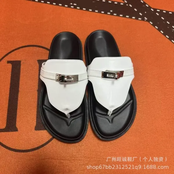 Hermès Oran Slide White and Black Leather Sandals - 5
