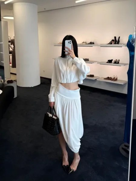 Off-White Cropped Zip-Up Top and Draped Skirt Set Black - 3