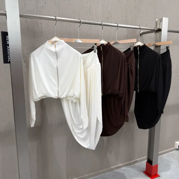 Off-White Cropped Zip-Up Top and Draped Skirt Set Black - 12