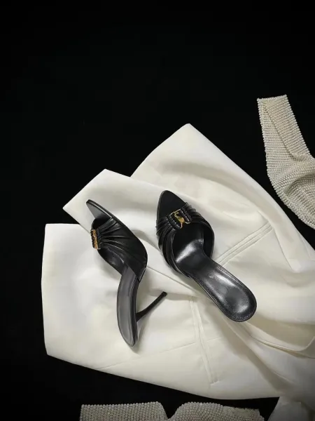 Saint Laurent Ruched Mule in Brown Leather Heels - 14
