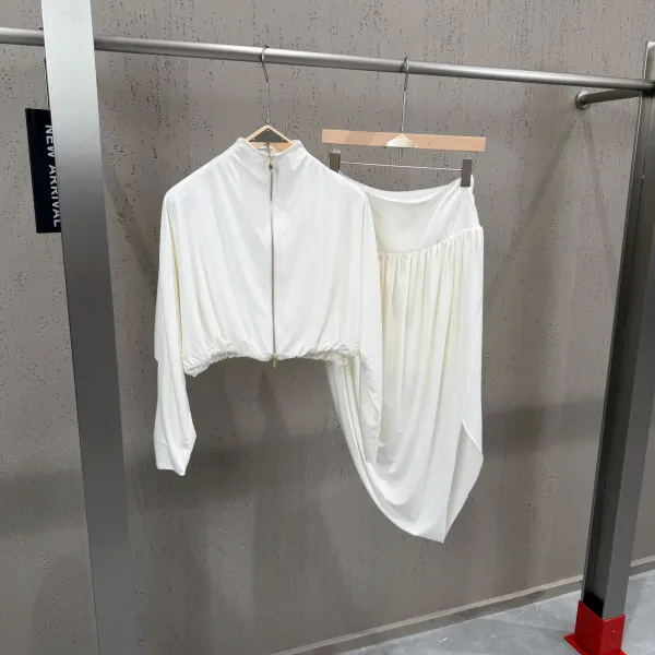 Off-White Cropped Zip-Up Top and Draped Skirt Set Black - 13