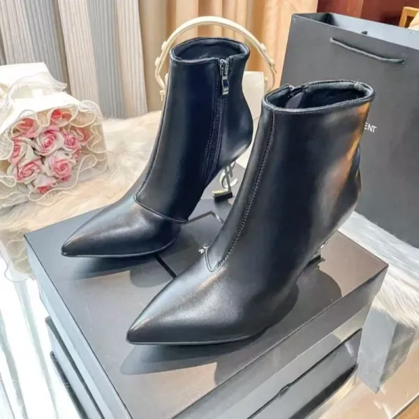 Saint Laurent Opyum Ankle Boots Black Leather Stiletto Heels - 10