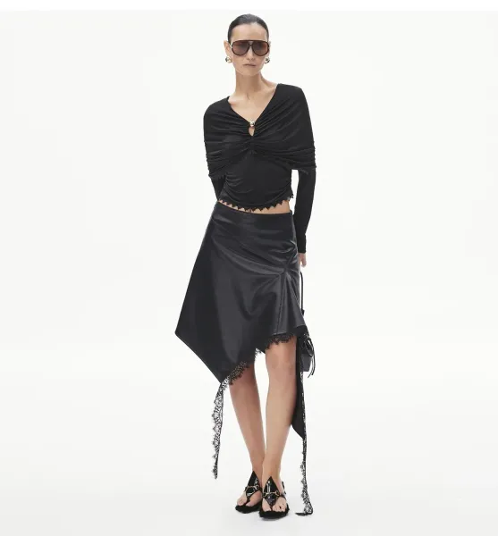Saint Tears Asymmetrical Leather Skirt with Lace Trim Black Skirt - 2