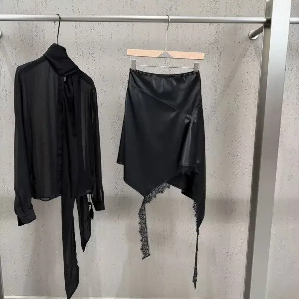 Saint Tears Asymmetrical Leather Skirt with Lace Trim Black Skirt - 14