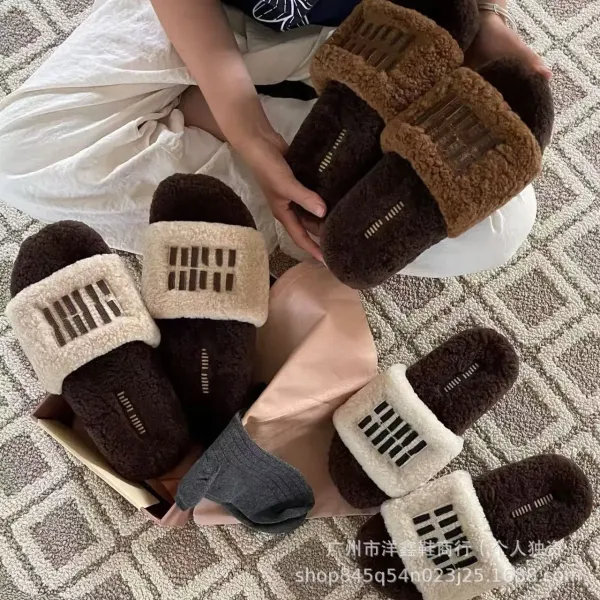 UGG Fluff Slide Brown Beige Shearling Slippers - 2