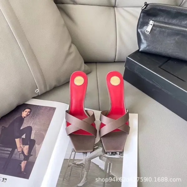 Saint Laurent Satin Mule in Bronze Block Heel Sandals - 7