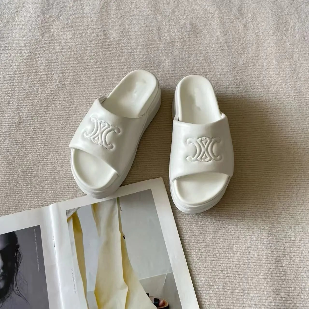 Celine Triomphe Logo Platform Slide Sandals Black - 7