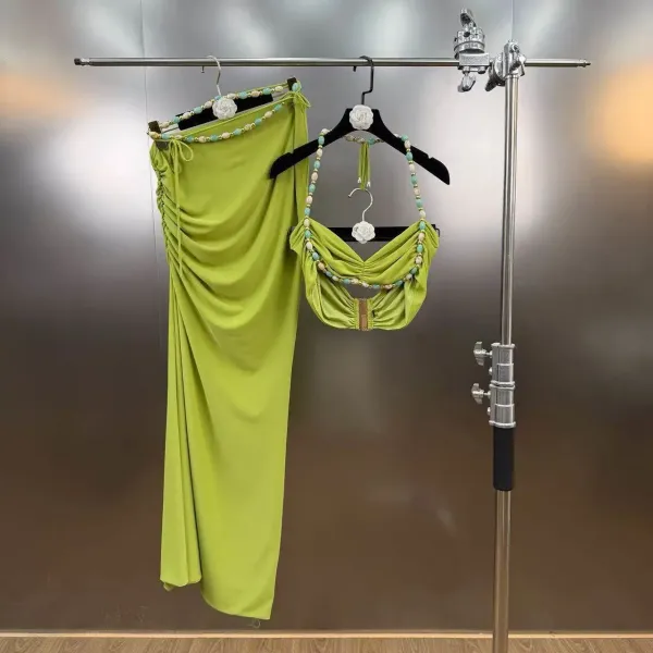 Lime Green Beaded Ruched Two-Piece Set - 12
