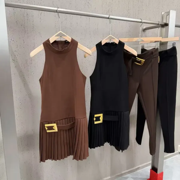 Balenciaga Belted Pleated Mini Dress in Brown and Black - 11