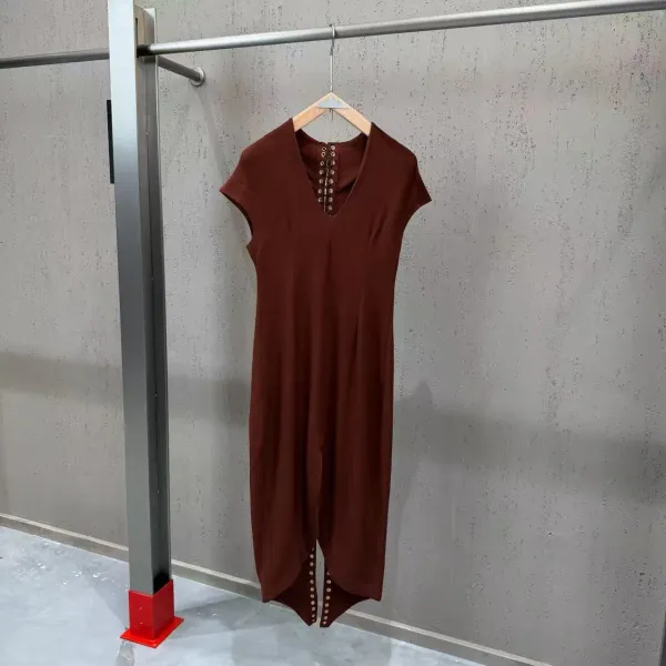 Valentino Garavani Rockstud Lace-Up Midi Dress Black and Burgundy - 13