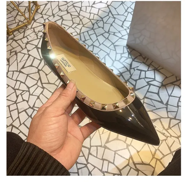 Valentino Garavani Rockstud Pointed-Toe Flats White Leather Shoes - 22